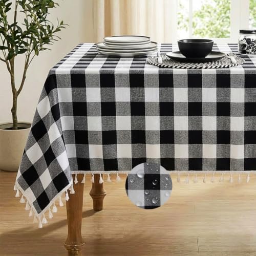 Deep Dream Water-Resistant Checkered Tablecloth Rectangle, Cotton Linen Gingham Table Cloth with Tassel, Wrinkle Free Buffalo Plaid Table Cover for Picnic Kitchen Dining Room - 55 x 120 Inch, Black