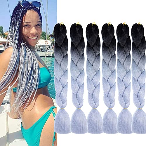6 Packs Ombre Jumbo Braiding Hair, Afro Braiding Hair Extensions for Box Braid Crochet Twist Hair Extensions for Braiding (Black to Grey)