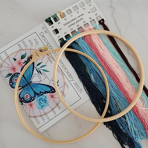 Image of Esffaci Embroidery Starter Kit for Adult Beginner with Blue Butterfly Flowers Pattern Hand Embroidery Set with Cloth Hoop Needle Threader Floss and Instruction