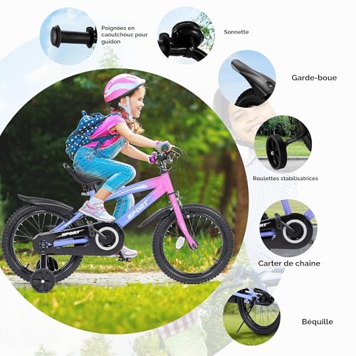 Vélo enfant 16 pouces BODIOO dégradé violet avec petites roues et selle réglable - 2