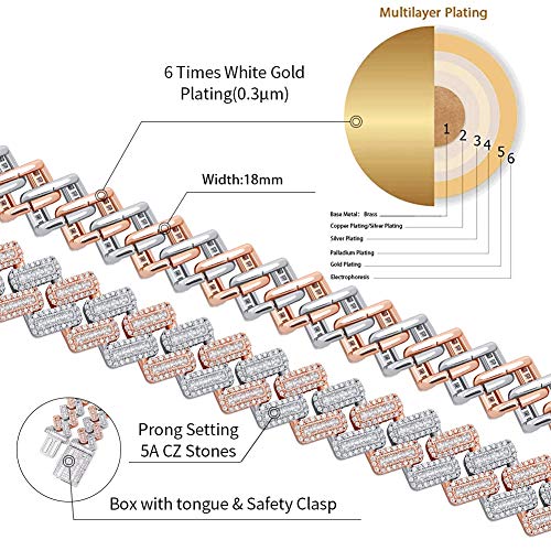 Jinao 20Mm 6 Times 14K Gold Plated Cuban Link Chain Iced Out Bling Round Carre Baguette Cut Cz With Prong Setting Simulated Diamond Chain Necklace For Men (Rose Gold&White Gold, 18) #TOP1