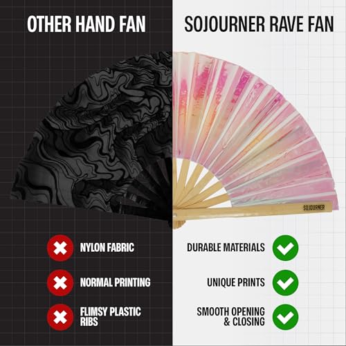 SoJourner Bags Holographic Pink Rave Fan - Large Folding Clack Fan for Men and Women - Rave Accessories for EDM, Line Dancing, Cosplay, Concerts and More