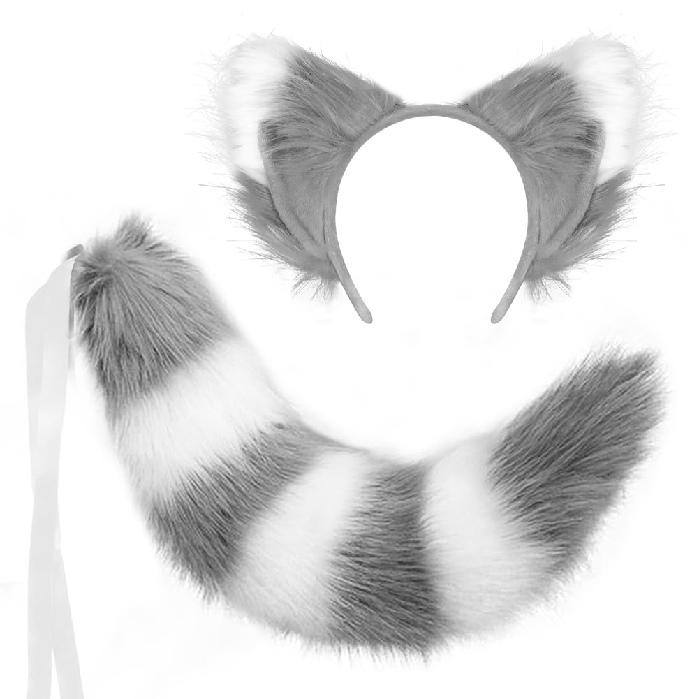 XINCHIA Faux Fur Fox Cat Ears Headband Tail Set Fluffy Wolf Fox Cosplay Costume Hair Hoop Long Tail Kit Animal Dress Up Fancy Dress Hairband Accessories Halloween Role Play Party Costume for Adults - Image 3