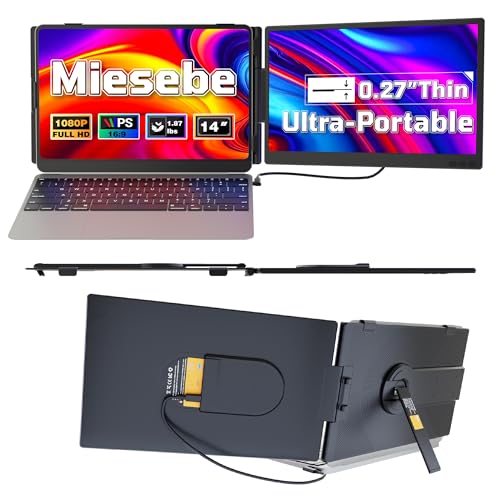 Miesebe Laptop Screen Extender 14', Ultra Thin 0.27'' FHD 1080P Portable Monitor for Laptop 13-17.3', Plug n Play Extra Monitor Extender, Eye Care Second Screen for MacBook/Windows/Android/Switch/PS5