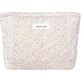Sminra Floral Makeup Bag Cotton Quilted Small Cosmetic Bag Organizer, Cute Garden Aesthetic Coquette Portable Zipper Pouch Toiletry Purse for Women Girls Travel accessories(Light Pink Purple Floral-L)