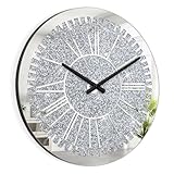 Crystal Crushed Diamond Wall Clock Round Mirrored Clocks Modern Silver Glass Clock for Wall Sparkle Twinkle Hanging Clocks for Living Room Bedroom Dining Room Decorative, AA Battery not Included