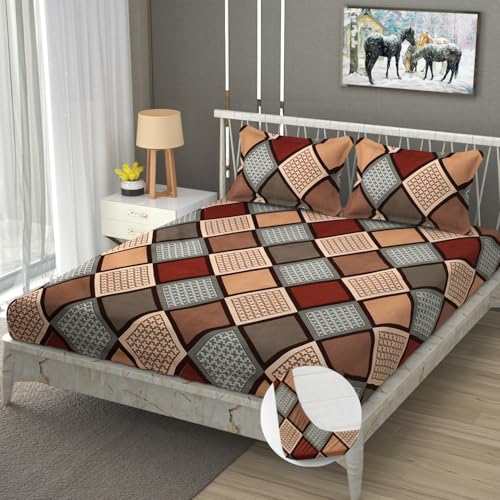 Image of Premium Heavy Cotton Elastic Fitted Bedsheets with 2 King Size Pillow Covers | Diwan Bed with All Around Elastic 350 TC | 48 x 78 x 6 Inch Diwan Size Fitted | :- Multi Box