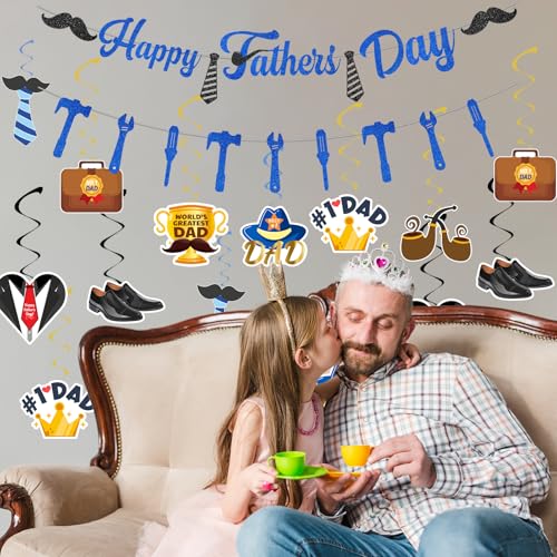 Image of 32 PCS Happy Fathers Day Banner Hanging Swirls Set - Happy Father's Day Party Decorations Supplies for Dad Birthday Party