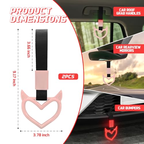 Image of 2 Pcs Devil Heart Shaped Car Handle Strap - JD M Drift Charm Rear Bumper Warning Ring Decor for Car Interior Exterior, Subway Bus Handle Accessory, Cute Heart Car Decor Gift (Luminous Red)