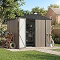 Patiowell 8x6 FT Outdoor Storage Shed with Floor Frame, Metal Garden Patio Sheds with Sloping Roof and Lockable Door, Waterproof Steel Tool Shed for Backyard Garden Lawn, Brown