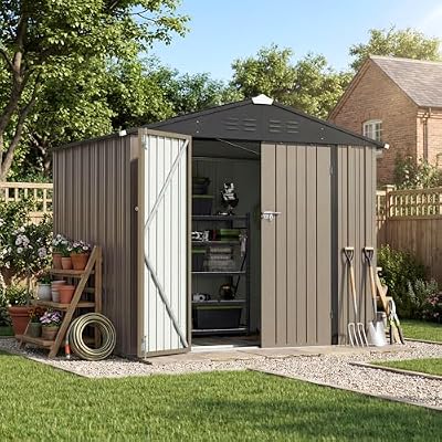 Patiowell 8x6 FT Storage Shed with Floor Frame, Metal Garden Patio Shed with Lockable Door and Sloping Roof, Waterproof Steel Outdoor Tool Shed for Backyard Garden Lawn, Brown