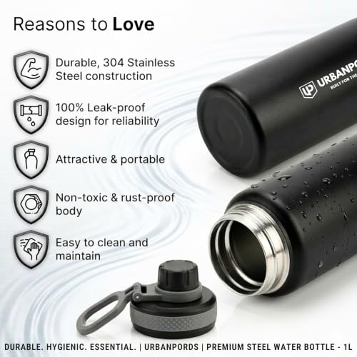 Image of 1L Stainless Steel Water Bottle - Leakproof Fridge Bottle, BPA-Free & Rust Proof Metal Flask, 1000ml Sipper Bottle for School, Office, Gym & Home (Black)