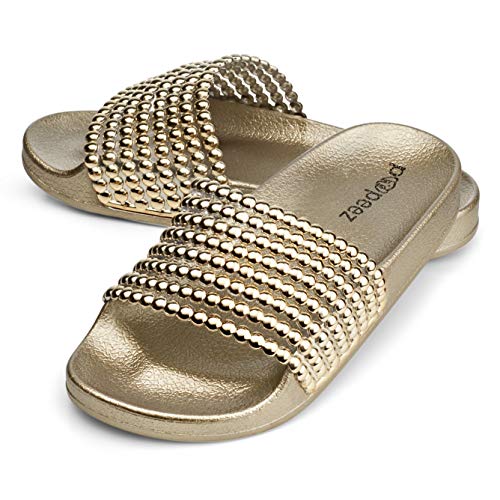 Pupeez Flat Slide Sandals For Kids With A Pearl Detail Strap Gold 1