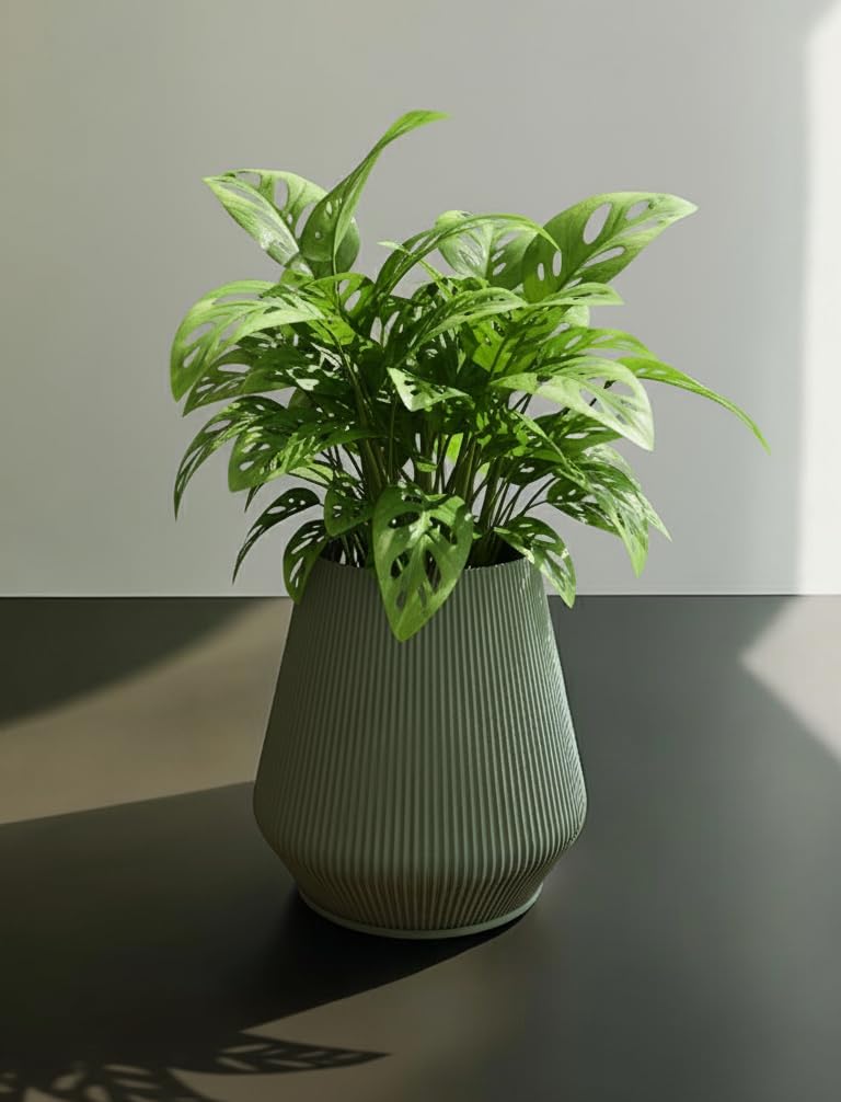 Modern Vase Planter, 7 Inches Tall, Ribbed Design, Indoor Decorative Container with 4-Inch Opening (Olive)