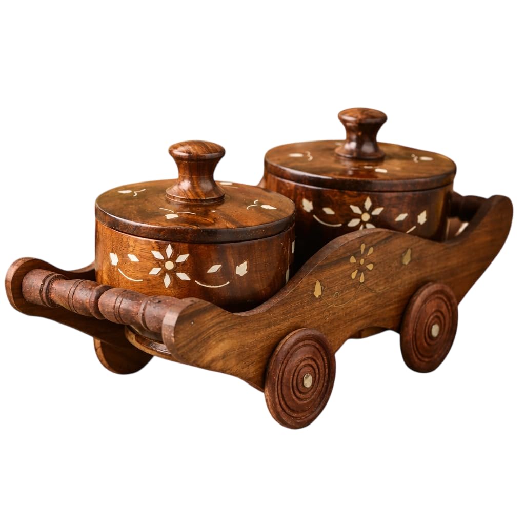 Wooden Serving Trolley Set with 2 Containers | Handcrafted Spice Box with Floral Inlay Design for Dry Fruits Snacks - Kitchen Tableware-image-1
