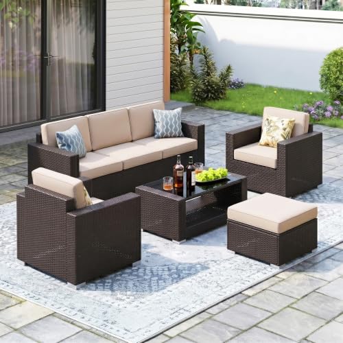 Image of DEVOKO Sera Outdoor 5 Piece HDPE Wicker Conversation Sofa Set with All Weather Water-Resistant Cushions, Glass Top Table & Ottoman for Garden, Poolside, Backyard(Dark Brown & Cream)