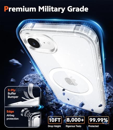 Image of FNTCASE for iPhone 17e & iPhone 16e Case Clear: Magnetic Phone Cases Compatible with Magsafe Slim Anti Yellowing Military Grade Drop Protection Transparent Cell Cover (B-Glitter Magnetic)