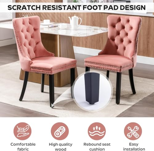 Image of 5-Piece Dining Table Set for 4 with 47 In Black Faux Marble Round Table | Circle Dining Room Table with 4 Velvet Upholstered Chairs, Modern Scandinavian Furniture for Dining Room Kitchen (Pink)