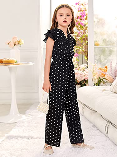 Wdirara Girl's Polka Dots V Neck Layered Ruffle Cap Sleeve Jumpsuit Pants Black 10Y #TOP6