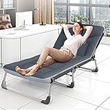 Portable Folding Camping Cot Bed, Adjustable 4-Position Adults Reclining Folding Chaise with Pillow,...