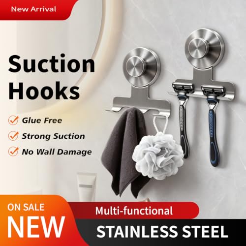 Image of 2026 New Drill-Free Stainless Steel Suction Cup Razor Holder for Shower | Multi-Use | Suction Cup Hooks Razor Holder for Shower, Mirror, Wall, Bathroom, Glass, Hanging Towels - 4 Pack