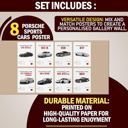 Image of Wall Porsche Pack of 8 Posters 8x12 inch (A4 Size) Included Self Adhesive on Back Wall Decor Posters Wall Art For Bedroom, Living room, Office, Dining Room