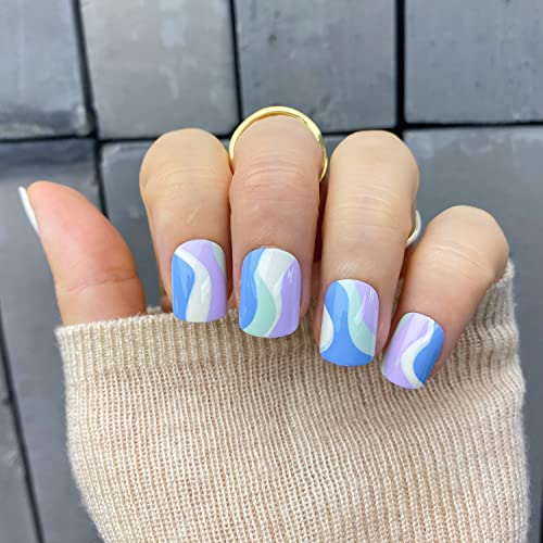 NOVO OVO Press On Fake Nails Spring Short | Glossy Rainbow Purple Lavender White Milky Green Mint Blue with Iridescent Swirl Extra Short Square Oval Opaque｜24 pcs False Nails Kit with Glue for Winter