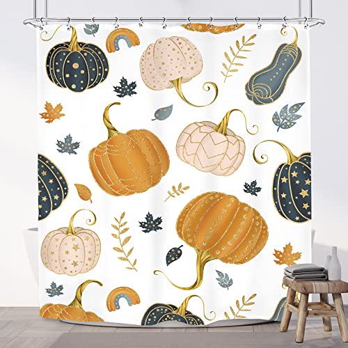Imirell Herbst-Kürbis-Duschvorhang, 152 x 183 cm, Ahornblätter, Herbst, Halloween, Erntedankfest, Ernte, goldene Sterne, Stoff, wasserdicht, Polyester mit 12 Haken, Kunststoff Cover