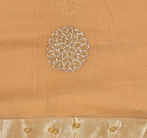 Image of YOUTHQUAKE Golden Floral Embroidery Work Chiffon Dupatta for Womens & Girls with Fancy Moti Lace