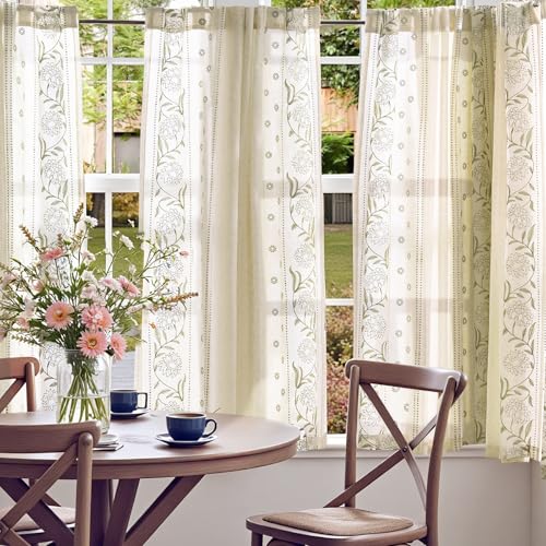 Image of jinchan Green Floral Linen Kitchen Tier Curtains 54 Inch Back Tab 2 Panels