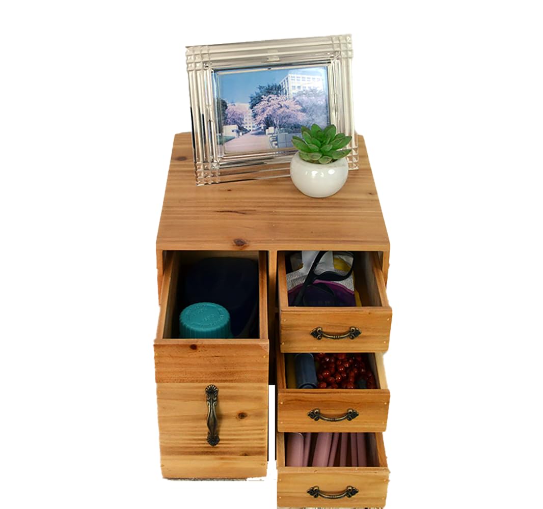 Juleduo Rustic Beauty Organizer 4 Drawers - Wooden Cosmetic Storage Box for Neat & Home Office Desk &Organize &Storing of Makeup Tools,Bathroom Counter-top (Wood Color, L)