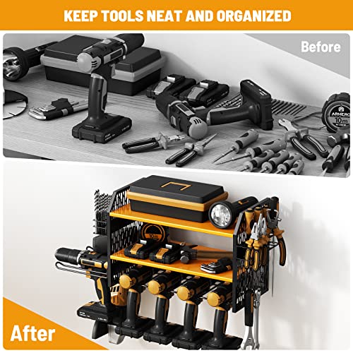 Vopeak Power Tool Organizer, Drill Holder Wall Mount, Power Tool Storage Rack With 6 Drill Slots, Removable Design, Heavy Duty Metal, Cordless Tool Storage Rack For Garage, Workshop, Warehouse Yellow #TOP6