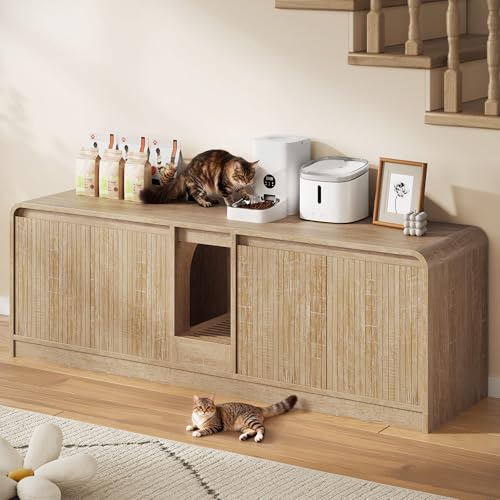 Meowloday Cat Litter Box Enclosure with Litter Collector 59 Double Litter Box Enclosure for 2 Cats Hidden Litter Box Furniture for Indoor Cats Large Adult Cat House Side Table TV Stand Natural