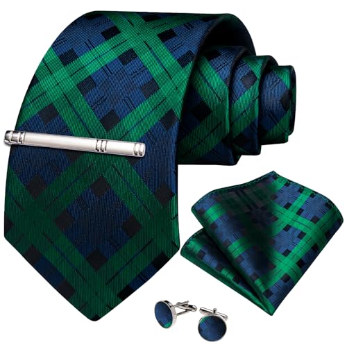 Image of DiBanGu Plaid Ties for Men Silk Checkered Necktie and Pocket Square Cufflinks Tie Clip Set with Gift Box for Wedding Business
