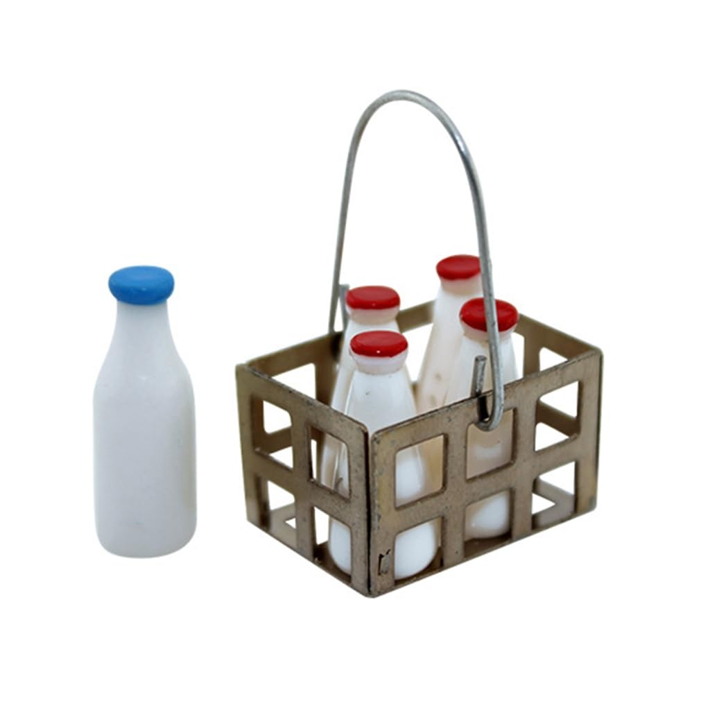 GMBYLBY 5pcs 1/12 Scale Miniature Milk Bottles And Basket Set For Dollhouses Kitchen Dining Room Display