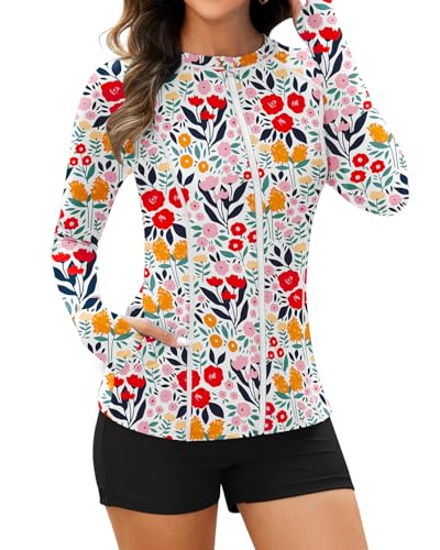 WOWENY Women Rash Guard Long Sleeve 2 Piece Swimsuit Zipper SPF Swim Shirt and Shorts UV UPF 50 Bathing Suit with Pocket