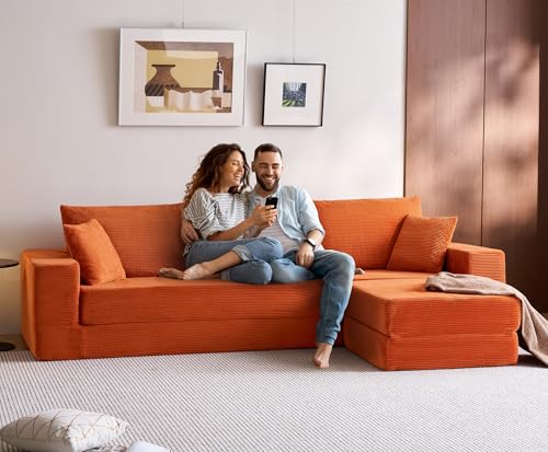 Consejos para Comprar Sofa Cama en L los más solicitados. 46 LINSY Home Modular Sectional Sleeper Sofa Convertible Sofá Cama con 2 Cojines y Otomano, en Forma de L Sofas Plegables Pana Sofá de Compresión para Salón de Estar (Naranja)