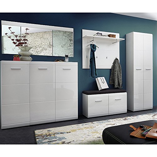 Lomadox Garderobe 5-teilig ● Hochglanz Weiß ● Garderobenset: Schuhschrank, Schuhbank, Spiegel, Garderobenpaneel, Garderobenschrank ● Made in Germany Lomadox Garderobe 5-teilig ● Hochglanz Weiß ● Garderobenset: Schuhschrank, Schuhbank, Spiegel, Garderobenpaneel, Garderobenschrank ● Made in Germany