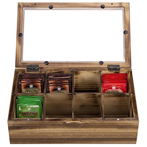 MyGift 8-Compartment Burnt Wood Tea Bag Storage Box with Clear Display Lid