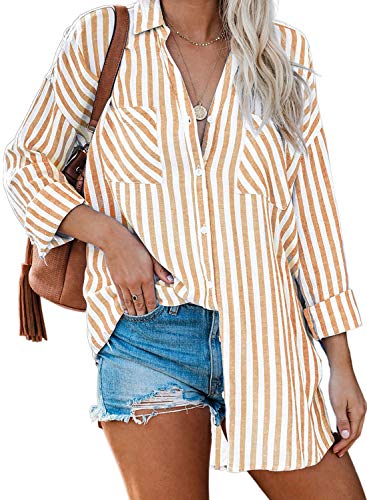 ROSKIKI Womens Button Down V Neck Shirts Long Sleeve Blouse Roll Up Cuffed Sleeve Casual Work Stripes Tops with Pockets Orange Large
