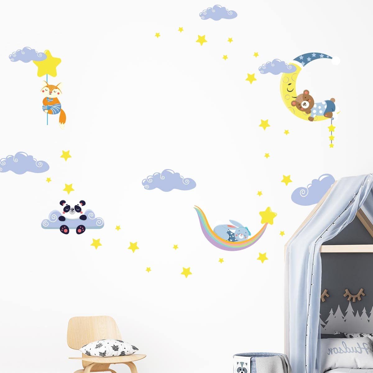 Adesivi murali per bambini, decorazione per la cameretta dei bambini, adesivi da parete scandinavo, adesivi da parete con animali nel cielo e le nuvole, 120 x 180 cm