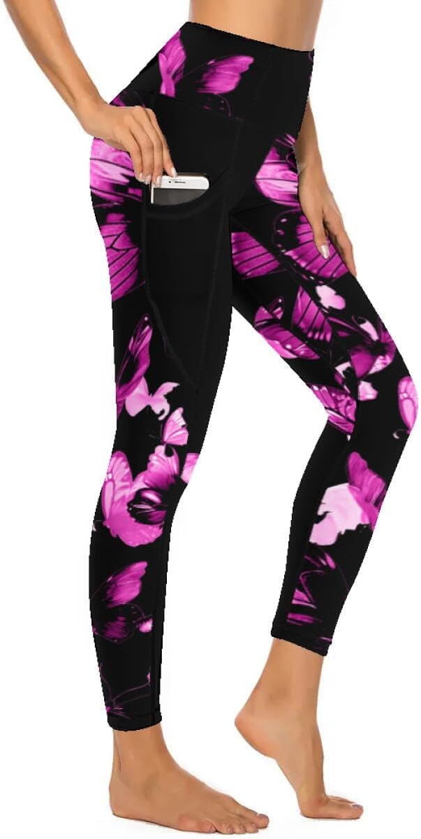 Women's Workout Leggings with Pockets Floral High Waisted Tummy Control No See Through Stretch Activewear Running Yoga Pants