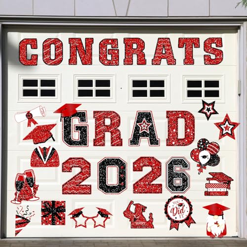 Image of Landhoow 30 Pcs Graduation Car Magnets 2026 Senior Graduation Car Decoration Bumper Sticker Congrats Grad Magnet Magnetic Refrigerator Decal for Grad Parade Party Supplies(Red, Black)