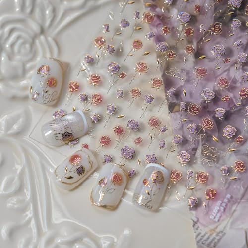 Image of Flower Nail Stickers Rose Nail Art Decals with Gold Design 5D Embossed Self Adhesive Nails Art Stickers Small Floral Nails Decals Charms Supply for Women Girls Manicure DIY Decoration