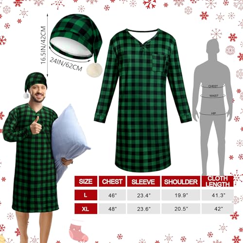 Janmercy Christmas Plaid Men's Sleep Shirt and Sleeping Hat Set Long Sleeve Pajama and Cap with Pom Balls for Men2