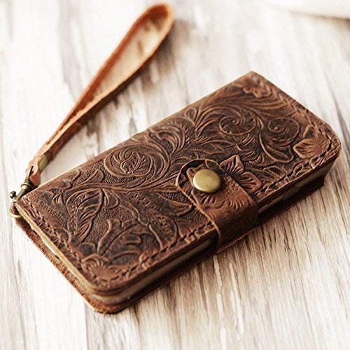 Womens Wallet Case for iPhone 14/14 Pro / 14 Pro Max / 13/12 / New SE - Handmade Genuine Leather Luxury Retro classic cover slim Wristlet Tooled Flower - 408H - Brown