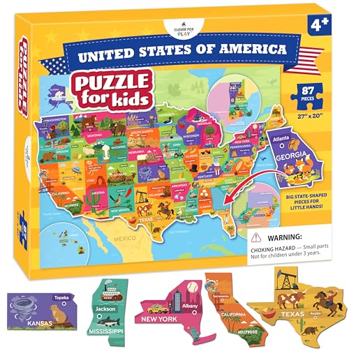 United States Puzzle for Kids Ages 4-8 – 87 Large USA State-Shaped Pieces, 27"x20" Map – Learn All 50 US States, Capitals & Landmarks – USA Jigsaw Educational Toy – Gift for Boys & Girls Ages 4+