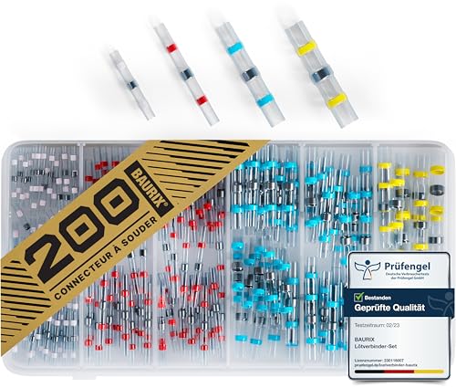 BAURIX® Set de connecteur à souder [200 pièces] - Connecteurs electrique IP67 pour connexions de câbles étanches - Cosse thermorétractable - Connecteur...