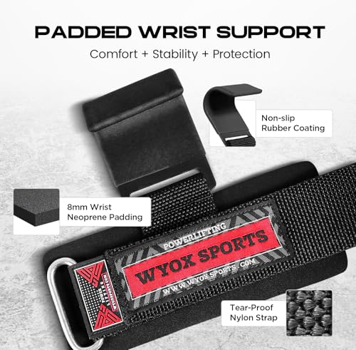 Image of WYOX Weight Lifting Hooks for Men & Women - Heavy Duty Gym Hooks with 8mm Padded Wrist Support Grips to Lift Heavier, Reduce Grip Fatigue & Improve Performance for Deadlifts, Pull Ups & Rows, Pair of 2