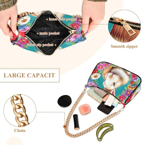 Cute Rabbit Floral Teal Ladies Shoulder Bag Floral for Women Classic Formal Purse Hobo Artistic Clutch Handbag Zipper Closure4